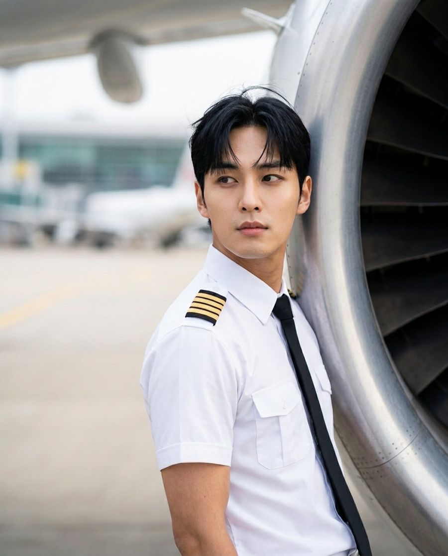 Lucas Moon in a pilot uniform beside a jet engine
